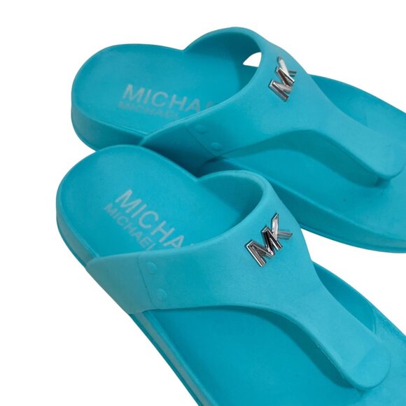 Michael Kors Linsey Women Turquoise MK Logo Tstrap Slide Sandals SZ 6M Eva Upper - Picture 4 of 13